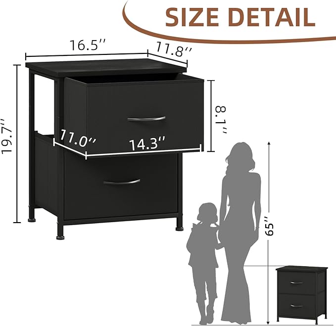 Somdot Nightstand Set of 2 with 2 Storage Drawers, Small Bedside Table End Table, Wooden Top Fabric Cabinet for Bedroom, Kids Closet, College Dorm, Entryway, Black
