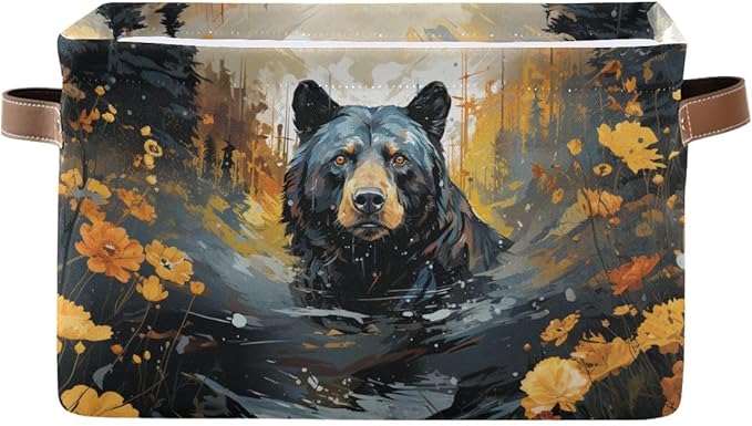Storage Basket Black Bear in The Forest Durable Canvas Collapsible Toy Box Organizer Bin with Handles for Shelf Closet Bedroom Home Office