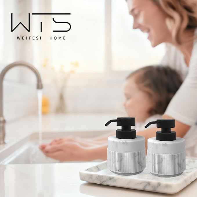 2pcs/Set 12.5oz Marble White Hand Soap Dispenser Sets, Resin Liquid Soap Dispenser with Rust Proof Pump for Bathroom Countertop, Kitchen Refillable Liquid Bottle for Lotion, Body Wash