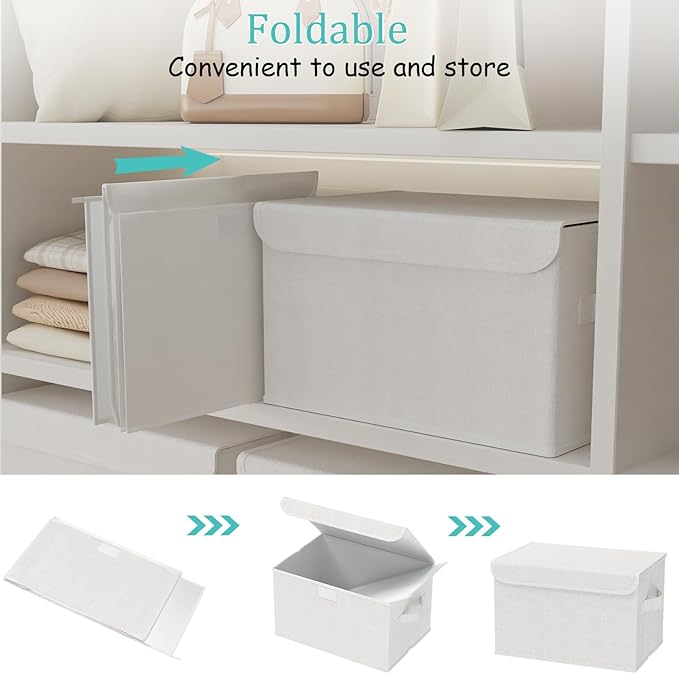 Fabric Storage Bin with Lid, Closet Boxes with Cover, Collapsible Stackable Organizer Basket with 2 Handles, for Home and Bedroom, 4 Pack, White, 10.2 x 7.9 x 6.7 In, XSNY12WS-4