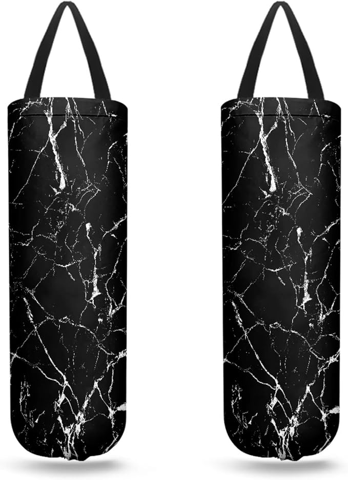 Plastic Bag Holder Set of 2 Hanging Grocery Bag Holder Reusable Plastic Bag Dispenser Trash Bag Organizer Container,Black Marble