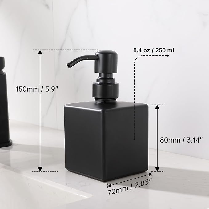 Square Bathroom Soap Dispenser All Black, 8.4 oz Glass Bottles with Stainless Steel Pump Retangle Cube Liquid Soap Dispenser Hand Kitchen