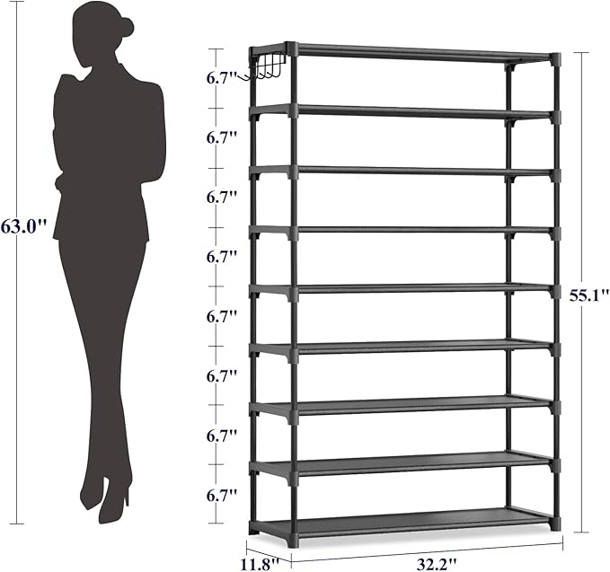 Kitsure Shoe Rack - 9-Tier Shoe Organizer, Shoe Rack for Closet, Entryway, Bedroom, Easy- Assembly Storage Shelf with Side Handles, 32.2" Wide - 10 Tiers, Black
