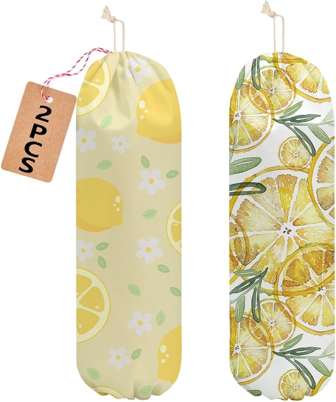 2 Pcs Lemon Plastic Bag Holder, Wall Mount Grocery Bag Holder for Plastic Bags, Flowers Reusable Large Grocery Bags Storage Dispenser for Home Kitchen Pantry Decor, Lemon Gifts for Women Mom