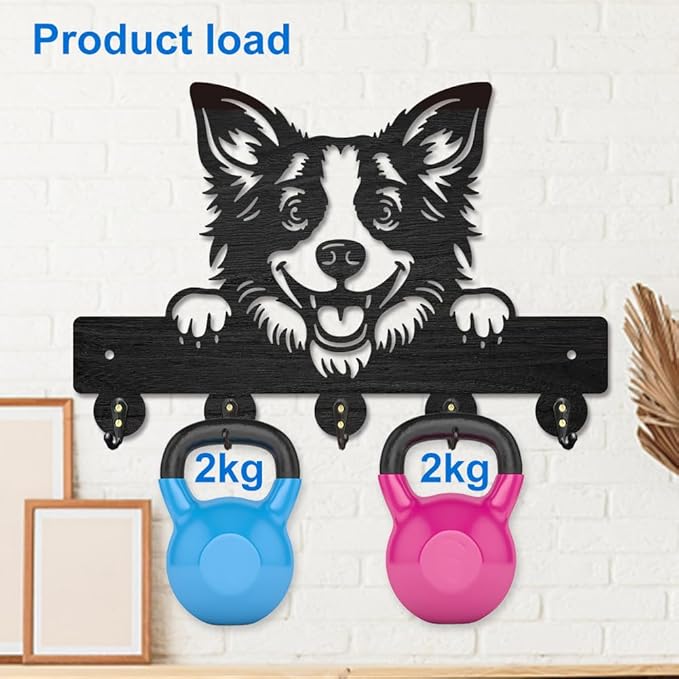 MAYJOYDIY Border Collie Key Holder for Wall Decorative Dog Leash Hanger Peeking Dog Wood Key Hooks 11.8×7.9inch with 5 Alloy Hooks for Entryway Front Door Kitchen Office Decoration