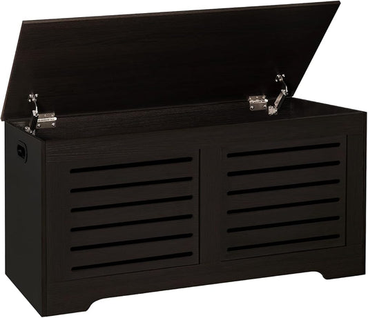 DINZI LVJ Storage Chest, 43.3â Wooden Toy Box with 2 Safety Hinges, Retro Entryway Shoe Storage Bench with Flip-Top, Sturdy Large Storage Trunk for Living Room, Bedroom, Easy Assembly, Espresso