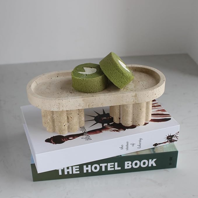 Natural Travertine Marble Oval Tray with 2 Legs, 10" Vanity Decorative Tray for Countertop Organizer, Catchall Tray for Perfume, Candles, Jewelry Dishv