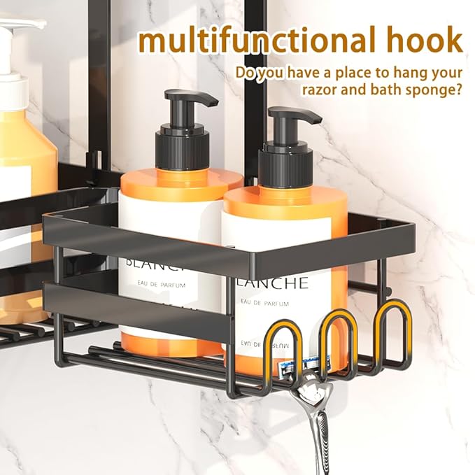Shower Caddy Hanging for Handheld Showerheads, Rustproof Black Shower Organizer with Hooks, Soap Holder & Toothbrush Holder, No Drilling Shower Storage Rack for Bathroom