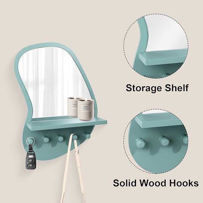 SANY DAYO HOME Wall Mount Wood Frame Irregular Mirror with 5 Wooden Hooks and Shelf, Modern Decorative Hanging Mirror for Entryway, Bedroom, Living Room (16″ x 12″, Turquoise)