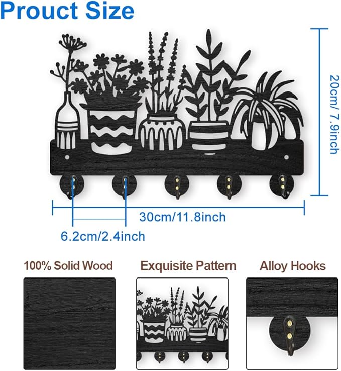 MAYJOYDIY Potted Plant Coat Hooks Wall Mount Wood Flower Pot Key Holder 11.87.9inch 5 Alloy Hooks Black Key Rack Organizer for Gift Wall Art Decor Florists Entryway Hallway Kitchen Room
