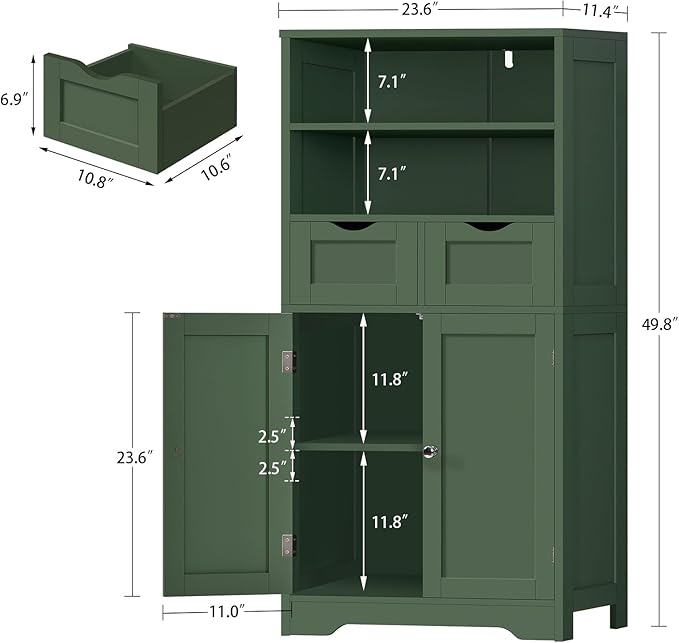 Iwell Bathroom Storage Cabinet with 2 Drawers & Adjustable Shelf, Storage Cabinet with Doors, Kitchen Pantry Storage Cabinets, Cupboard, for Living Room, Dining Room, Entryway, Green