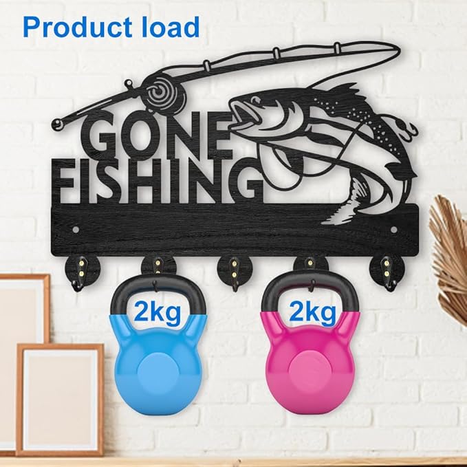 MAYJOYDIY Wood Gone Fishing Coat Rack Wall Mount Key Holder for Wall 11.87.9inch Black Lake Fish Key Rack Hangers 5 Alloy Hooks Wall Art Decor for Entryway Front Door Lover Gift