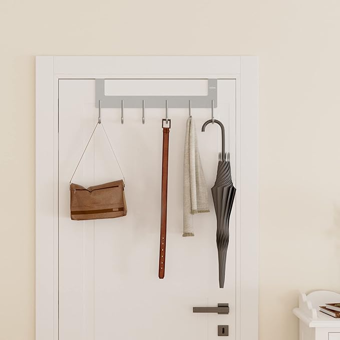 Over The Door Hanger, Metal Over The Door Hook Rack with 6 Hook for Hanging Towel Robe Coat Bathroom Bedroom Drying Racks for Laundry Silver
