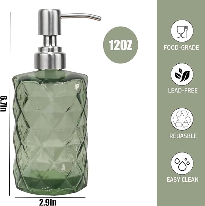 12Oz Green Soap Dispenser Bathroom - 2 Pack, Clear Glass Hand Soap Dispensers with Stainless Steel Pump, Refillable Dish Soap Dispenser for Kitchen, Countertop Soap Dispensers