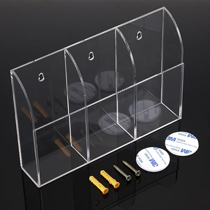Hipiwe Wall Mount Remote Control Holder Clear Acrylic Media Organizer Storage Box Coffee Table and Nightstand Convenient Remote Control Caddy (Three Compartments)