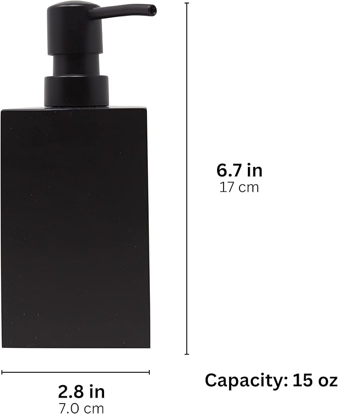 Matte Black Square Soap Dispenser for Kitchen & Bathroom – 15 oz Refillable Resin Pump Bottle for Dish Soap, Hand Soap, Shampoo, Conditioner – Modern Countertop Dispenser with Non-Slip Protective Pads