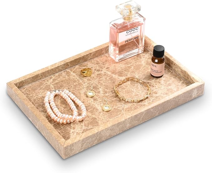 Large Bathroom Vanity Tray, Real Natural Marble Tray 12 inch, Emperador Light Marble Stone Toilet Tank Trays, Modern Dresser Trays, Countertop Organizer for Kitchen Counter, Soap Dispenser