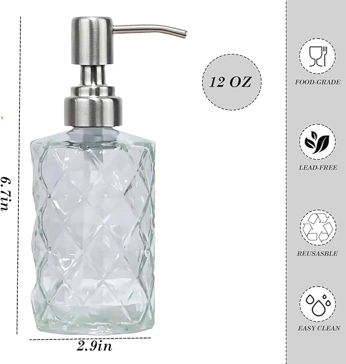 12Oz Clear Glass Soap Dispenser with Stainless Steel Pump, Refillable Kitchen Liquid Hand Soap Dispenser with Diamond Design, for Dispense Hand soap, Dish Soap, Lotion, Bathroom, Countertop, Hotel