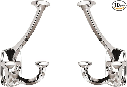 Large Wall Double-Sided Hook 10 Pack Polished Nickel Hook Decorative Heavy Duty Solid Large Coat Hooks for Towel Hanging Coats Robe Towel Bags Door Back 2 Prong Hooks