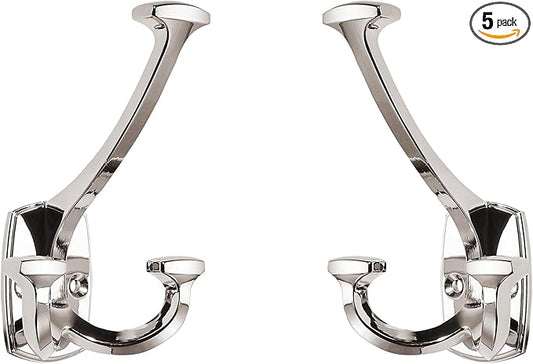 Large Wall Double-Sided Hook 5 Pack Polished Nickel Hook Decorative Heavy Duty Solid Large Coat Hooks for Towel Hanging Coats Robe Towel Bags Door Back 2 Prong Hooks
