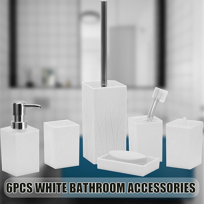 Bathroom Accessory-6Pcs White Bathroom Accessories Set Includes Soap Dispenser, Toothbrush Holder and Cup, Soap Dish, Toilet Brush and Holder, Qtip Holder