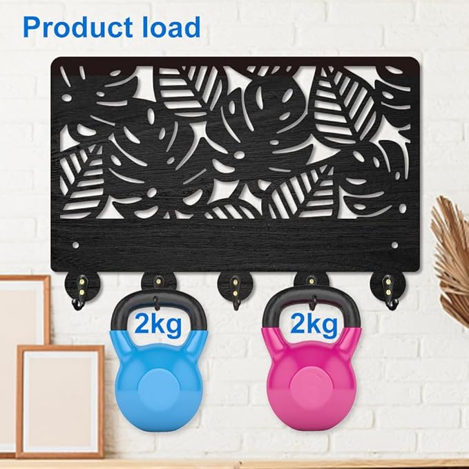 MAYJOYDIY Monstera Background Key Holder for Wall Tropical Leaves Wood Key Hooks 11.8×7.9inch Key Hanger Rack with 5 Alloy Hooks for Entryway Front Door Kitchen Office Decoration