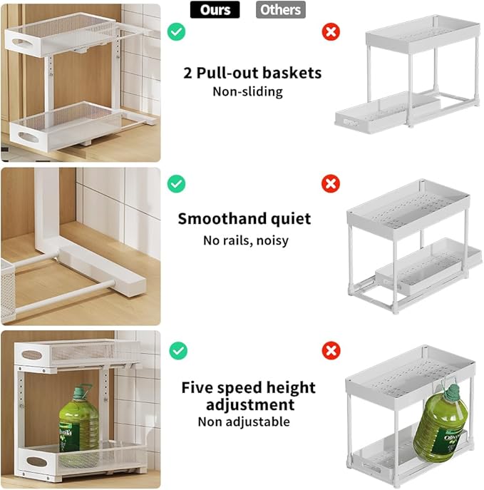 1 Pack Under Sink Organizer and Storage, 2 Tier Pull Out Sliding Cabinet Shelf, 5-Level Height Adjustable Thickened Carbon Steel Storage Rack for Kitchen Bathroom Cabinet, White