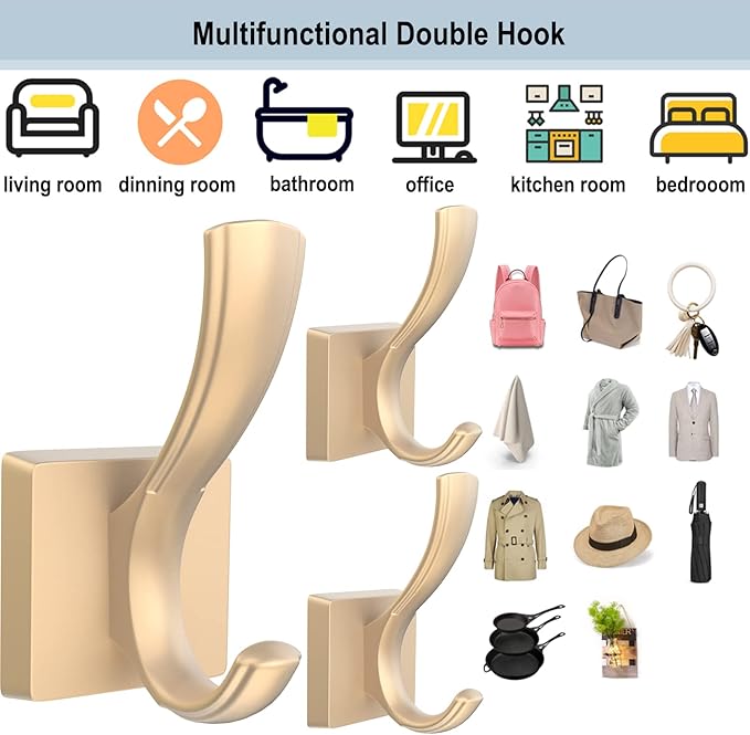 Gold Hooks for Wall, Heavy Duty Thick Aluminum Alloy Entry Coat Hooks for Hanging Key Robe Hat Backpack, Wall Mount Holder Bathroom Kitchen Garage(4 Pack, Gold)