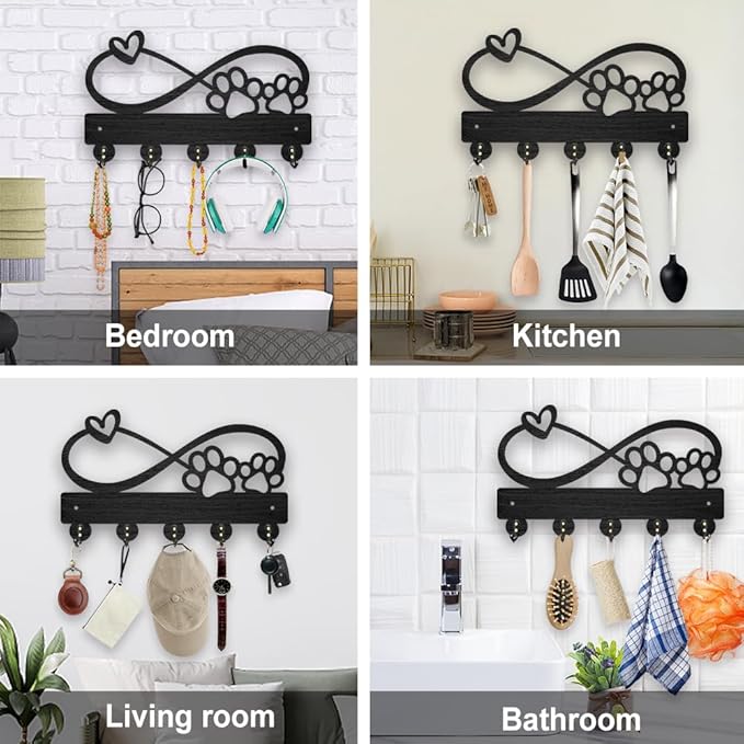 MAYJOYDIY Wood Paw Prints Hearts Coat Rack Infinity Sign Key Holder for Wall 11.8×7.2inch Love Heart Decorative Wall Hooks 5 Alloy Hooks Animal Paw Print Black Wall Hanger for Gifts Entryway Room Home