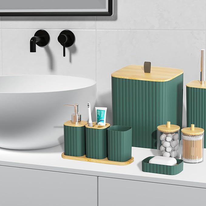 Bathroom Set - 22PCS Green Bathroom Accessories Set Trash Can Toilet Brush Holder Set Soap Dispenser Bathroom Accessory Set with Shower Curtain Bathroom Decor Set for Home, Restroom