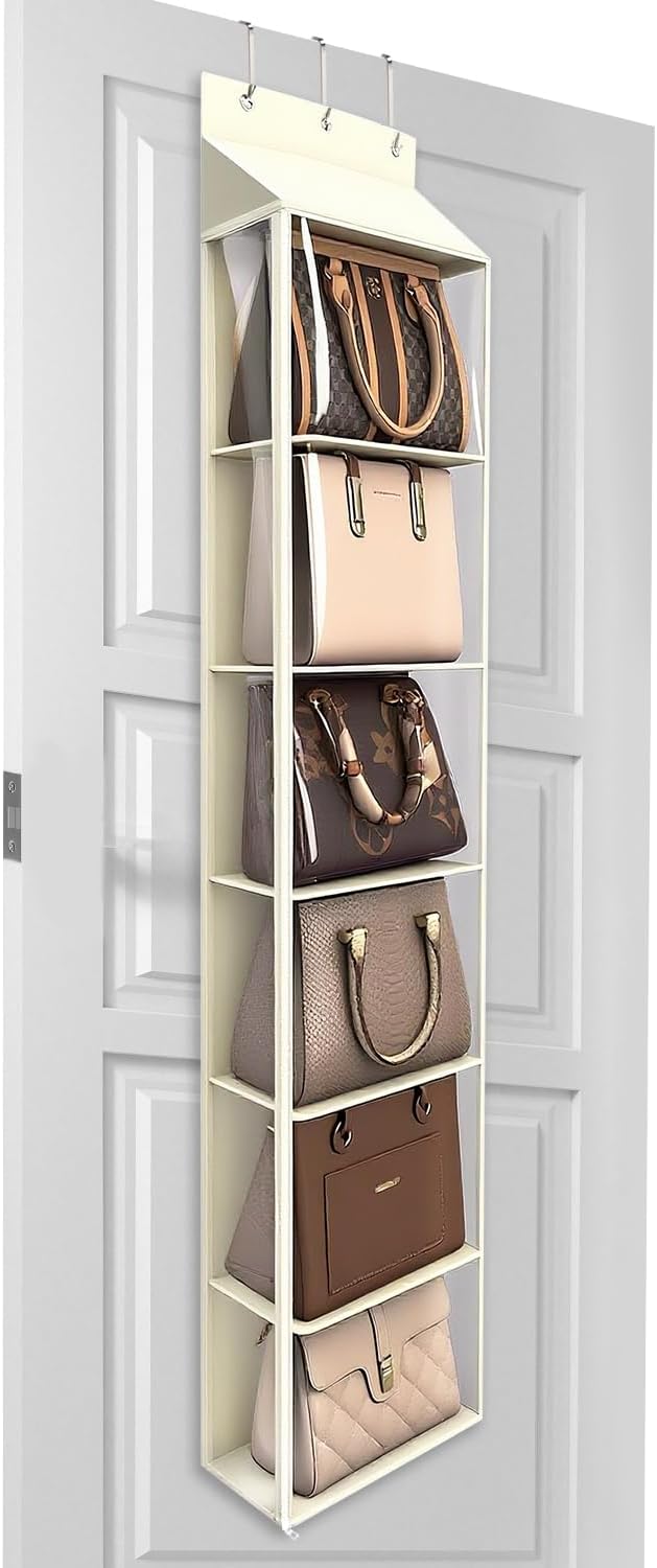 Lirex Over The Door Purse Organizer & Purse Shelf for Closet – Handbag Storage Organizer with Purse Hanger. Perfect for Scarves, Hats, and Leggings. S (11.8'' x 5'' x 51.6''), Cream White