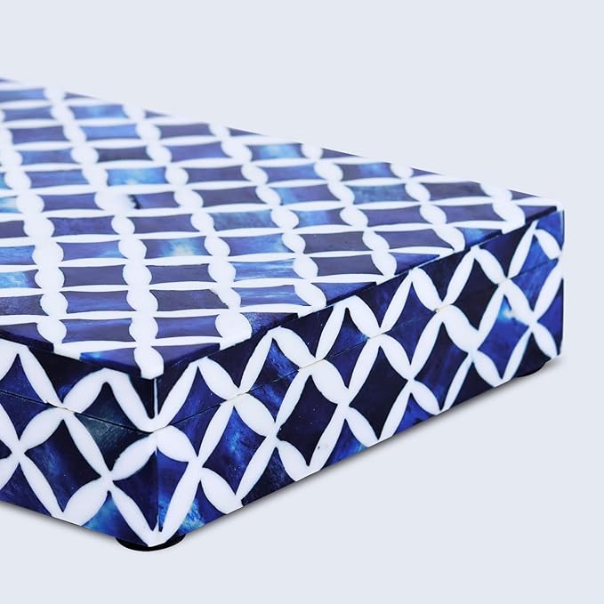 Handicrafts Home Decorative Storage Box with Lid- 6x8x1.5” Small Keepsake, Trinket Box, Memory Box- Decorative Boxes for Home Decor, Centre Table, Giftable Storage Accent- Blue White Star