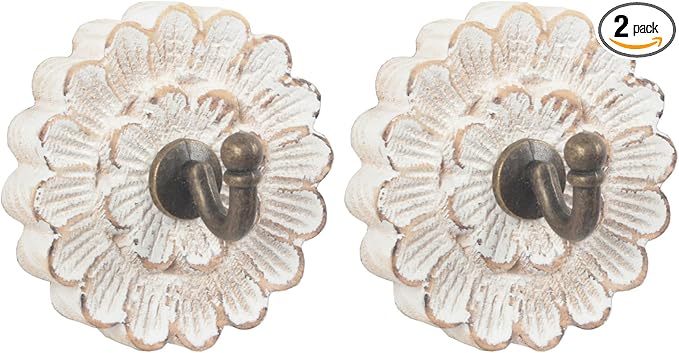 Distress Wood Flower Coat Hooks for Wall Hanging, Single Small Vintage Decorative Hanger for Keys, Bags, Towels (Robe Hanger S/2)