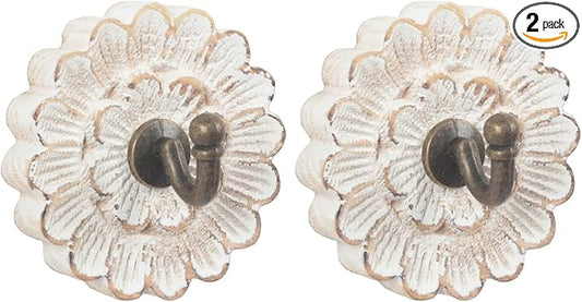 Distress Wood Flower Coat Hooks for Wall Hanging, Single Small Vintage Decorative Hanger for Keys, Bags, Towels (Robe Hanger S/2)