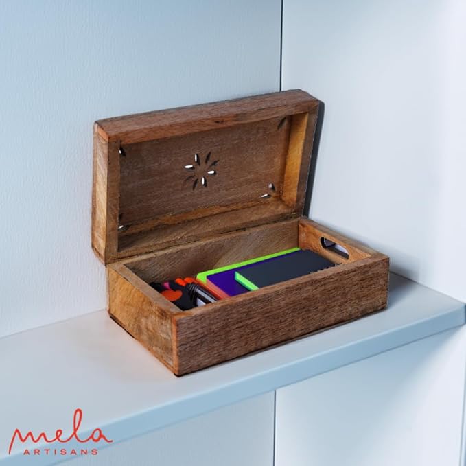 Mela Artisans Decorative Storage Box with Hinged Lid - Light Burnt, Medium | 7.5” x 4.5” x 3”, Rustic Serena Style|Crafted from Mango Wood|Ideal for Keepsakes, Trinkets, Jewelry and Tea Boxs, Book Box