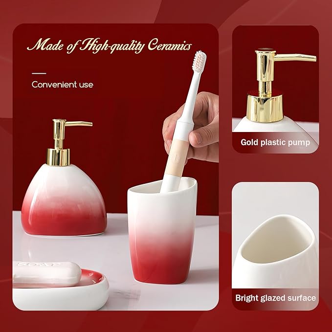 Bathroom Accessory Set, 4 Pcs White & Red Gradient Ceramic Bathroom Cabinet with Soap Dispenser Soap Dish Gargle Cup Toothbrush Holder, Fashion Bathroom Decor for Home Apartment Hotel (Red)