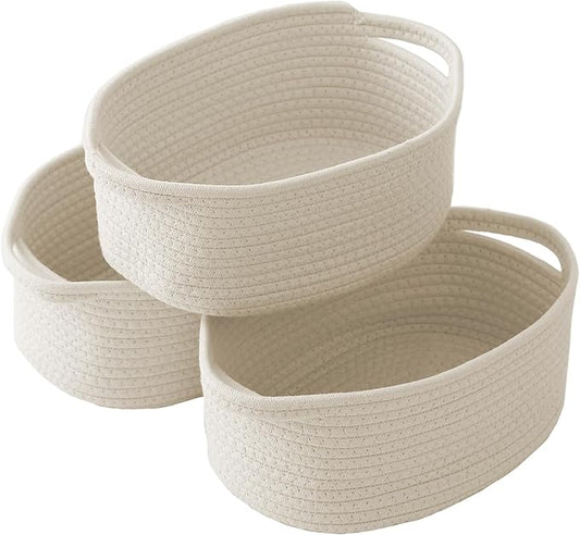 Woven Basket,Small Rope Storage Bin with Handles & Ribbon Bag, Organizer for Shelves Closets,Gift Basket Empty for Birthday,Books,Dog Toys,White/3 Pack