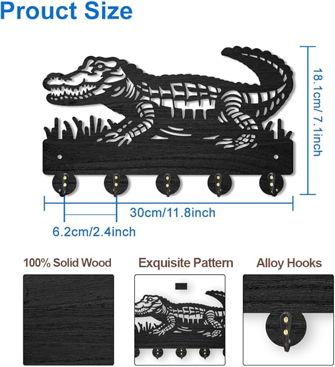 MAYJOYDIY Crocodile Coat Rack Wall Mount Reptile Animal Wood Key Holder for Wall 11.8×7.1inch/30×18.1cm Decorative Key Hooks with 5 Alloy Hooks for Gift, Entryway, Front Door, Hallway, Kitchen, Office