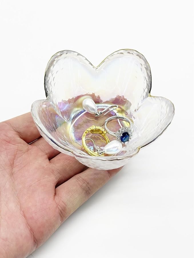 Flower Ring Dish Jewelry Tray, Glass Jewelry Dish Tray, Aesthetic Room Decor Small Trinket Dish, Nightstand Jewlery Ring Holder Dish, Bathroom Jewelry Plate Bowl for Rings Earrings Gift (White)