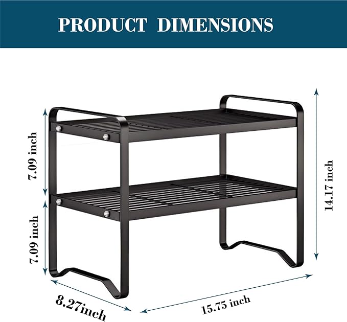 Metal Wire Cabinet Shelf - Multi-Functional Shelf Saver for Kitchen, Pantry, Countertop & Under Cabinet - Storage Solution for Spice Holder, Bookshelf & Cup Display Stand (Black, 2-Tier 16" L)