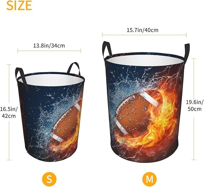 American Football Ball In Fire And Water Round Laundry Hamper Sport Rugby Storage Basket Toys Clothes Organizer Bin For Home Bathroom Bedroom Dorm Nursery, 38l