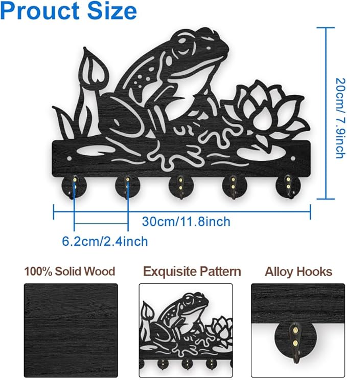 MAYJOYDIY Wooden Frog Lotus Flower Coat Hooks Summer Pond Key Holder for Wall 11.8×7.9inch Decorative Wall Hooks for Hanging with 5 Alloy Hooks for Entryway Kitchen Office Gift