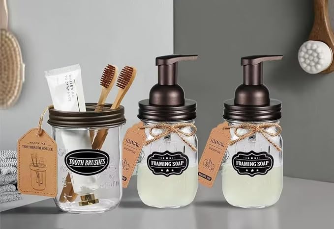 Mason Jar Toothbrush Holder -Bronze - with 16 Ounce Mason Jar,Premium Rustproof 304 Stainless Steel Lid and Chalkboard Labels - Rustic Farmhouse Decor Black Bathroom Accessories