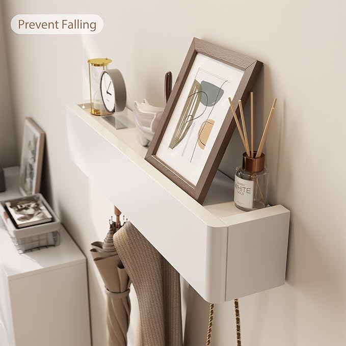 Solid Wood Wall Mounted Coat Rack with Shelf Hooks - Modern Floating Shelves with 5 Hidden Hooks, Heavy Duty Entryway Coat Key Holder Hanger for Hallway Bathroom Bedroom Home Decor