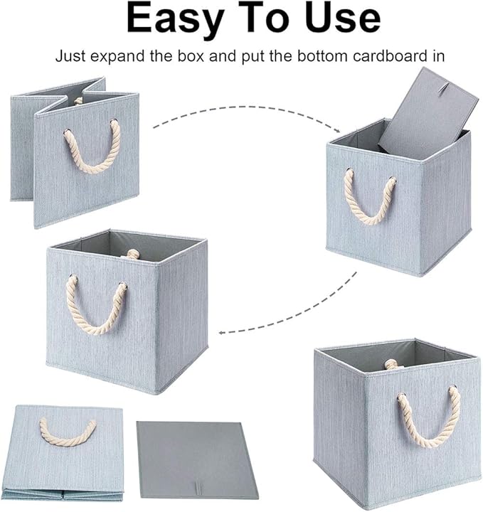 i BKGOO Foldable Storage Cube Bins Grey Bamboo Fabric Collapsible Resistant Basket Box Organizer with Cotton Rope Handle for Home Office and Nursery 10.5x10.5x11 inch