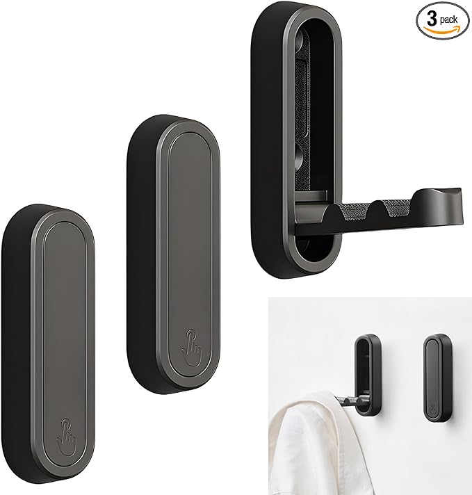 3 Pcs Folding Wall Hooks, Heavy Duty Metal Coat Hooks for Bedroom Closet, Bathroom Towel Hanger Wall Mounted Kitchen Hooks for Hanging Aprons, Brushes, Umbrellas, Keys, Hat, Bags (Black)