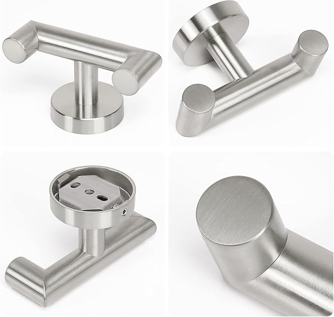 NearMoon Bathroom Double Towel Hook- SUS304 Stainless Steel Robe Towel Holder, Heavy Duty Double Coat Hook for Bathroom Livingroom Kitchen Wall Mounted (Brushed Nickel-U, 3 Pack)