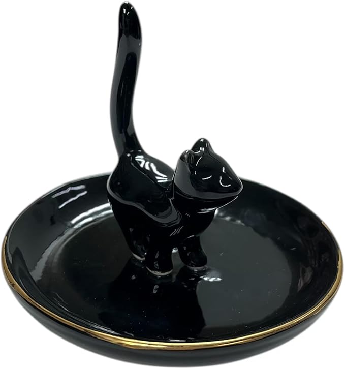 ROSA&ROSE Cat Ring Holder Trinket Tray Ceramic Jewelry Dish Porcelain Ring OrganizerâGift for Women,Girlfriend,Wife,Birthday or Anniversary (Black)