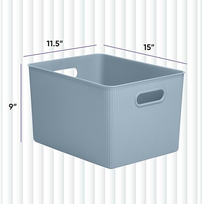 Superio Ribbed Collection - Decorative Plastic Basket Open Home Storage Bins Organizer, X-Large Blue (1 Pack) Container Boxes for Organizing Closet Storage Bins for Shelves 22 Liter/23 Quart