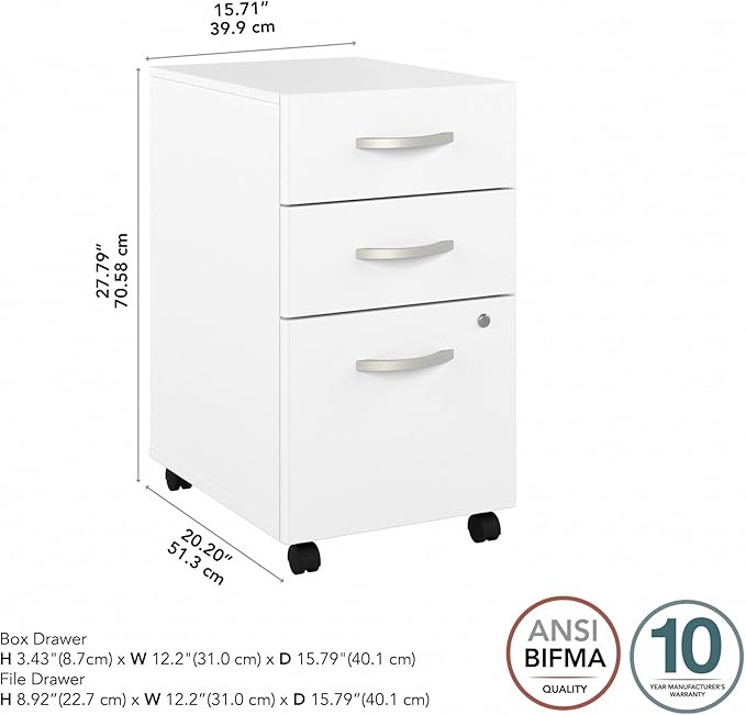 Bush Business Furniture Studio C 3 Drawer Mobile File Cabinet in White | Assembled Office Storage Unit for Home or Commercial Spaces